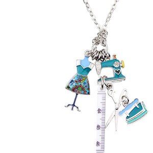 SEWING Quilting Crafting Enamel Charm Necklace Teal Blue Silvertone Multimedia